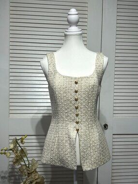 Cami NYC Women's Beige Gold Fleck Tweed Rosita Button-Front Fitted Top Sz 4 3230